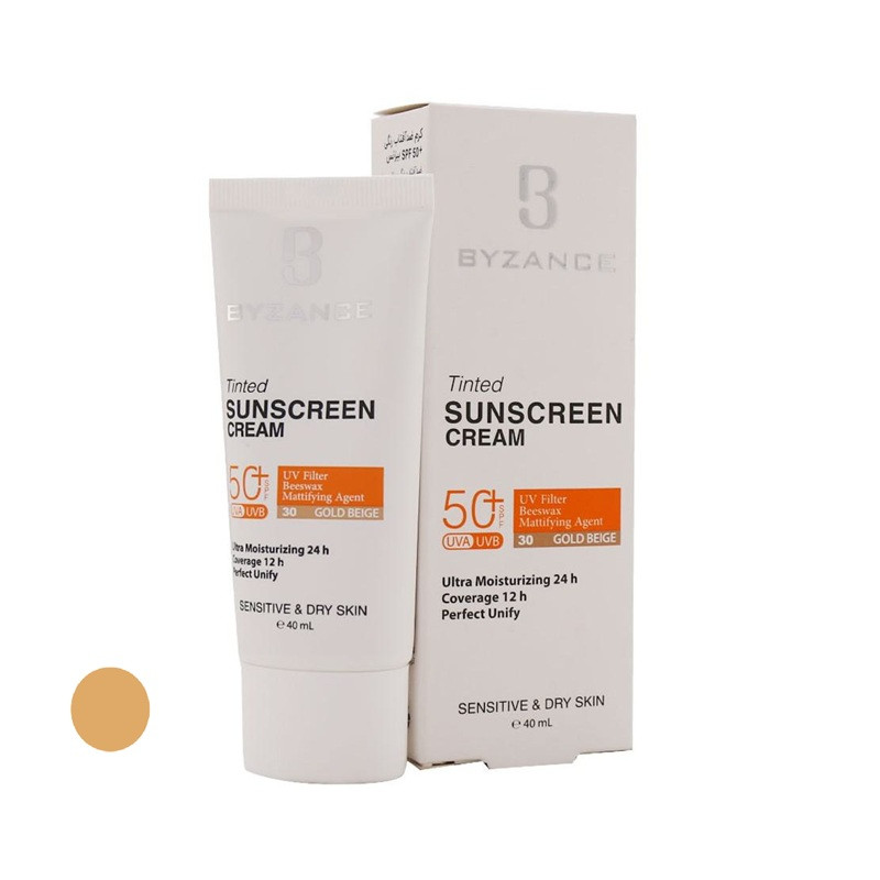 کرم ضد آفتاب رنگی صورت بیزانس SPF 50 مدل Gold Beight 30 محافظ در برابر UVA/UVB مناسب برای پوست خشک حساس حجم 40 میلیلیتر