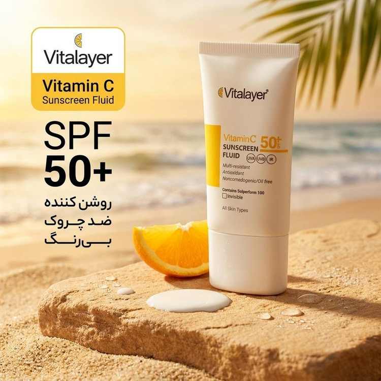 فلوئید ضدآفتاب بیرنگ ویتالیر SPF50 مدل Vitamin C مناسب انواع پوست، حجم 50 میلیلیتر