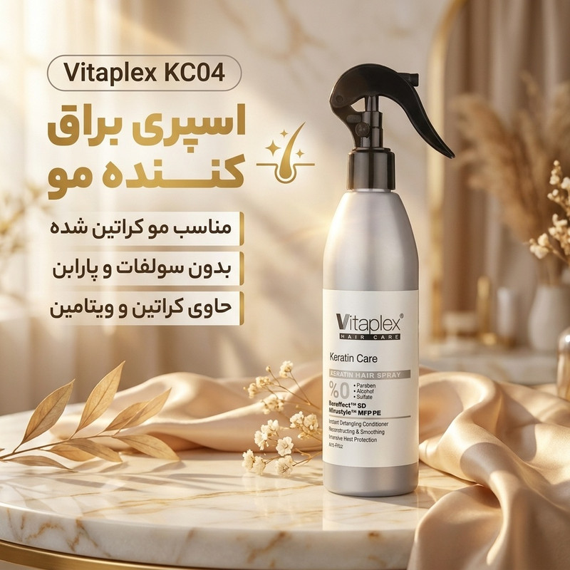 اسپری براق کننده مو با قدرت حفظ حالت مو 4 ویتاپلکس مدل KC04 مناسب مو کراتین شده حجم 300 میلی لیتر
