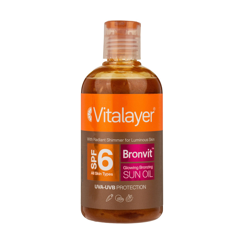 روغن آفتاب اکلیلی صورت و بدن ویتالیر  مدل bronvit glowing bronzing حجم 250 میلی‌لیتر، محافظت همزمان در برابر UVA/UVB با SPF 6 و حاوی ویتامین A، غیر کمدون‌زا و مناسب انواع پوست