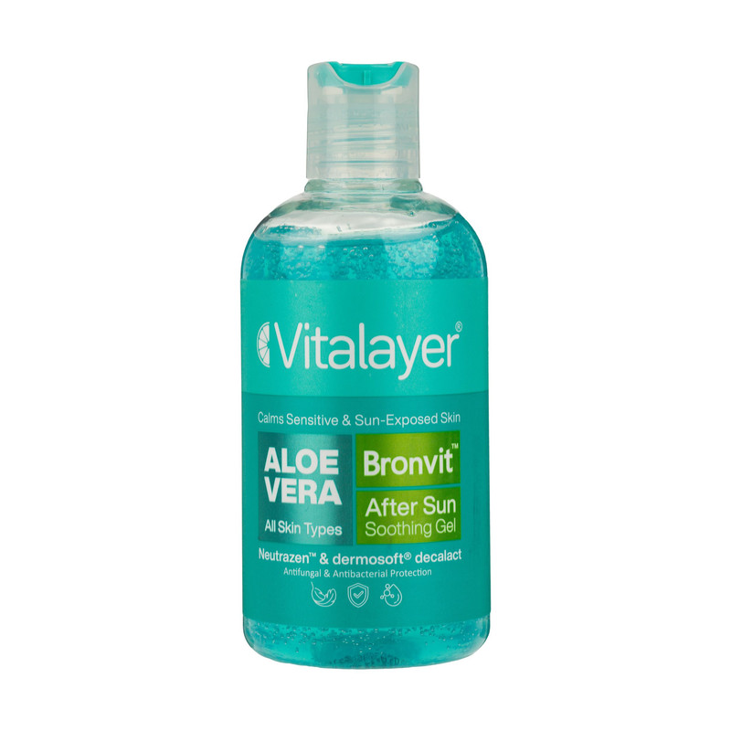 ژل ترمیم کننده و تسکین دهنده پس از آفتاب ویتالیر مدل bronvit aftersun حجم 250 میلی‌لیتر، مناسب انواع پوست، حاوی سدیم