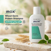 شامپو مو ایروکس مدل wheat germ protein حجم 200 میلیلیتر، حاوی پروتئین جوانه گندم، عصاره چای سبز، نرمکننده گیاهی، ویتامین E و B5، افزایش حجم و ترمیم موهای شکننده و نازک